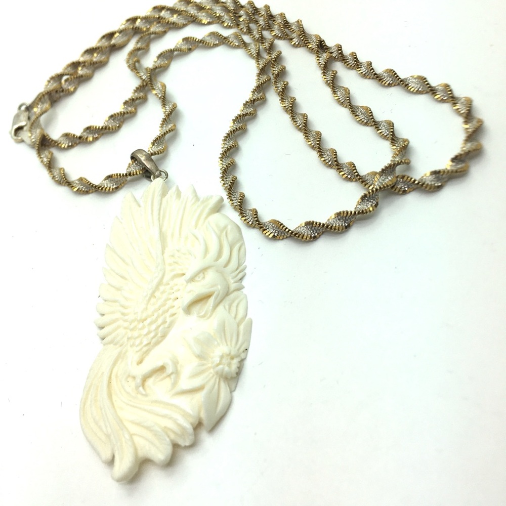 925 AGI Italy phoenix carving bone pendant silver gold necklace